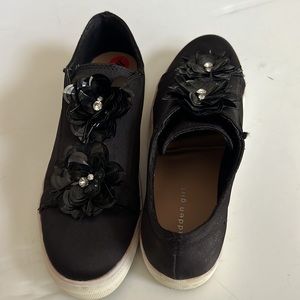 Madden Girl Gloria Black Satiny Floral/Rhinestone Embellished Slip On Sneakers